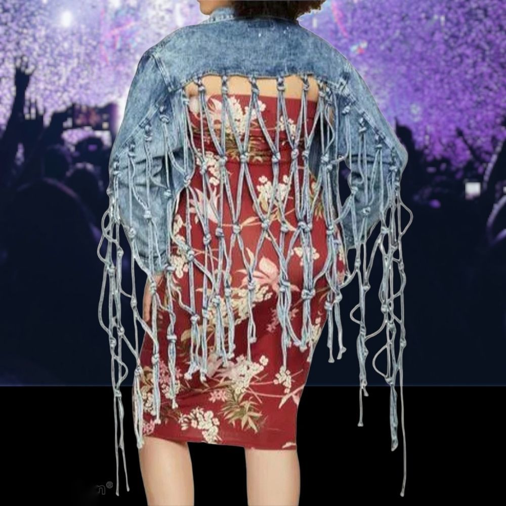New THRILL JEANS Destroyed Macrame Fringe Blue Denim Jean Jacket Plus Size